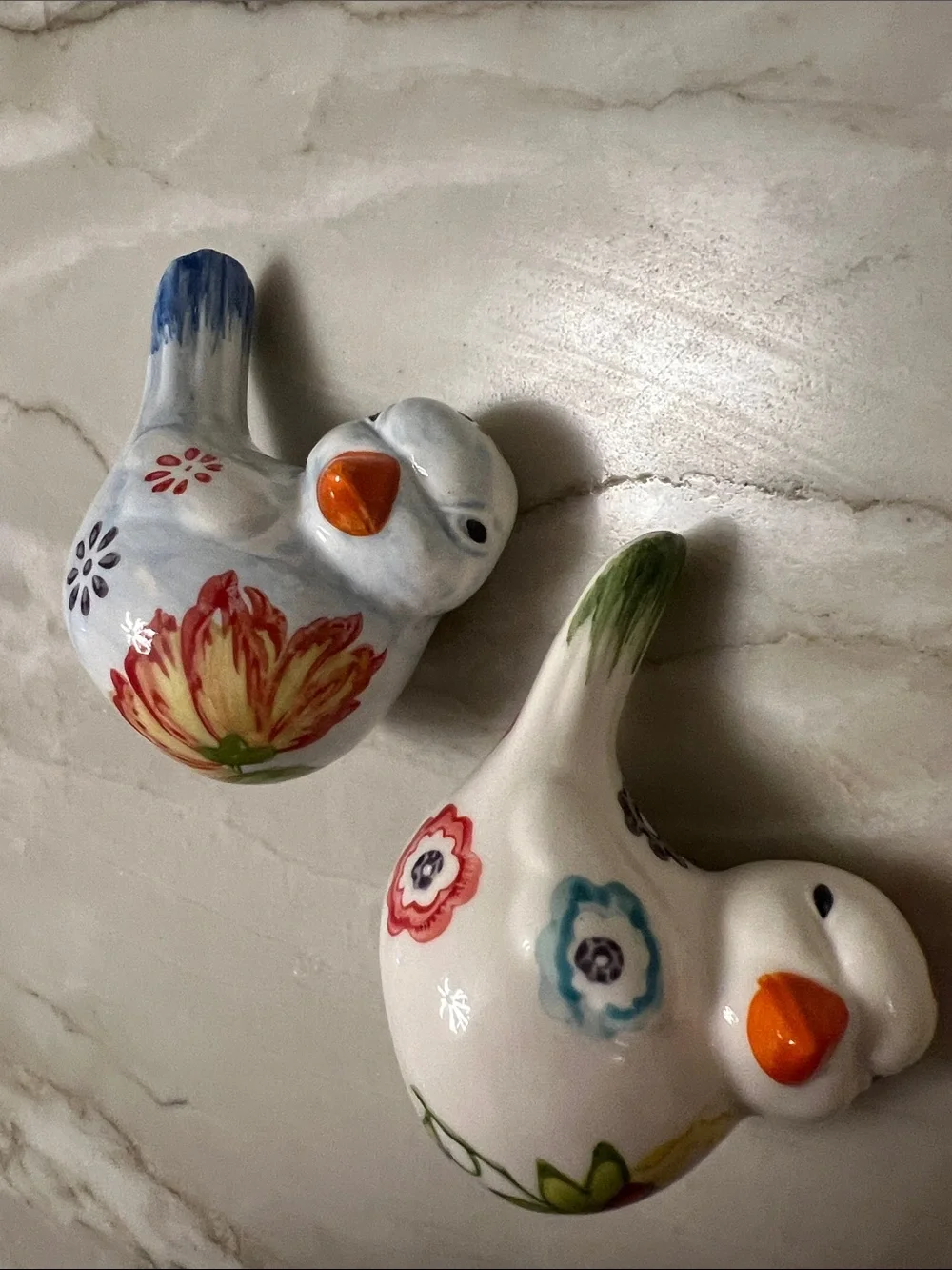 Charming Birds Salt & Pepper Shakers: Hand-Painted Ceramic Florals on Birds